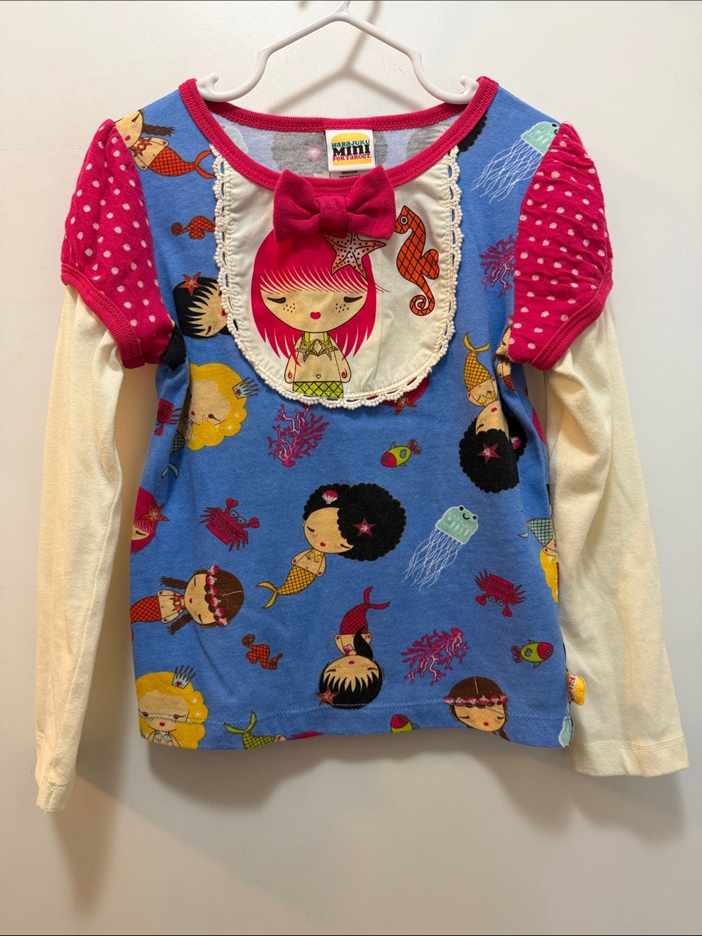 Harajuku Mini Blue Mermaid 🧜‍♀️ Print Long-Sleeve Top with Pink Accents